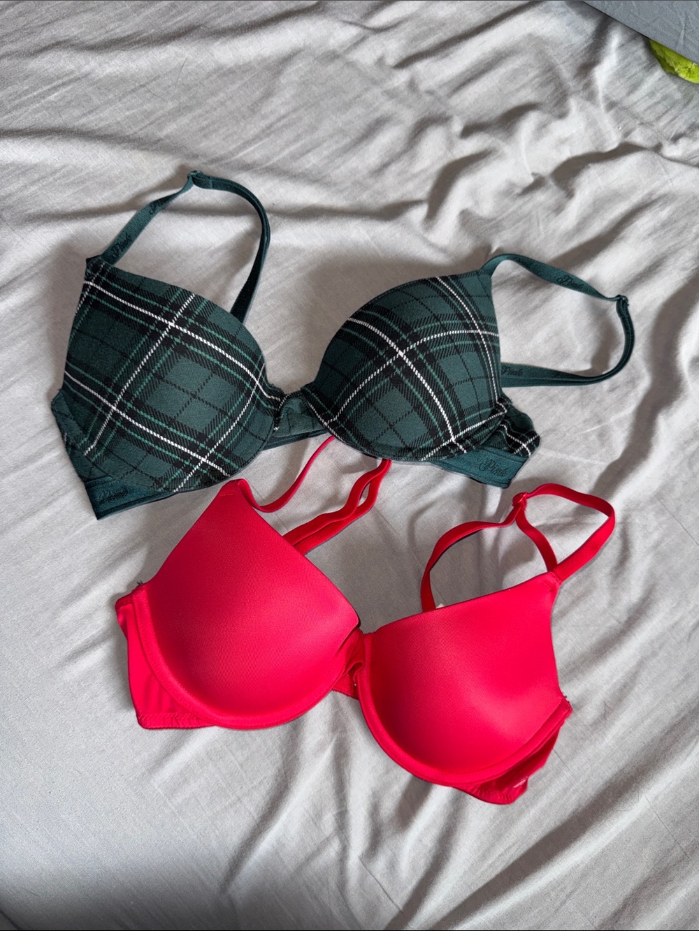 Victoria's Secret Green Plaid & red lightly lined bras